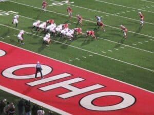 The Ohio State defense pins Wisconsin against the goal line.