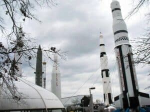 Rockets, including the Saturn 1 rocket, in Rocket Park at the US Space and Rocket Center in Huntsville, Alabama