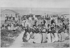 Tribal gathering at an Indian reservation in the 1890's.