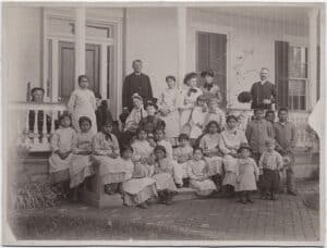 Pratt and his students on the front steps of the main building at Carlisle Indian school.