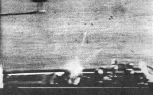 Frame from the Zabruder film showing Kennedy being shot.