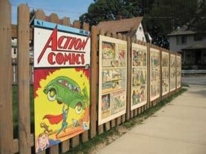Fence around Joe Shuster's former property showing Action Comics #1
