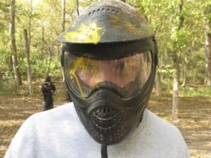 Malcolm Logan wearing a paintball mask.