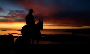 Cowboy at sunset on a ranch in Texas