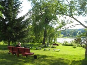 A lovely and serene setting, the lakeside park at Lily Dale, New York