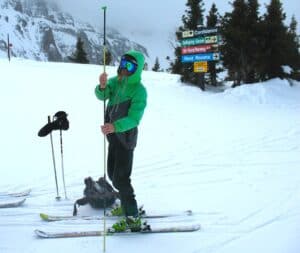 Jaimé Palmer demonstrates an avalanche probe at Telluride Ski Resort