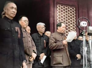 Mao proclaiming the People's Republic of China in 1949